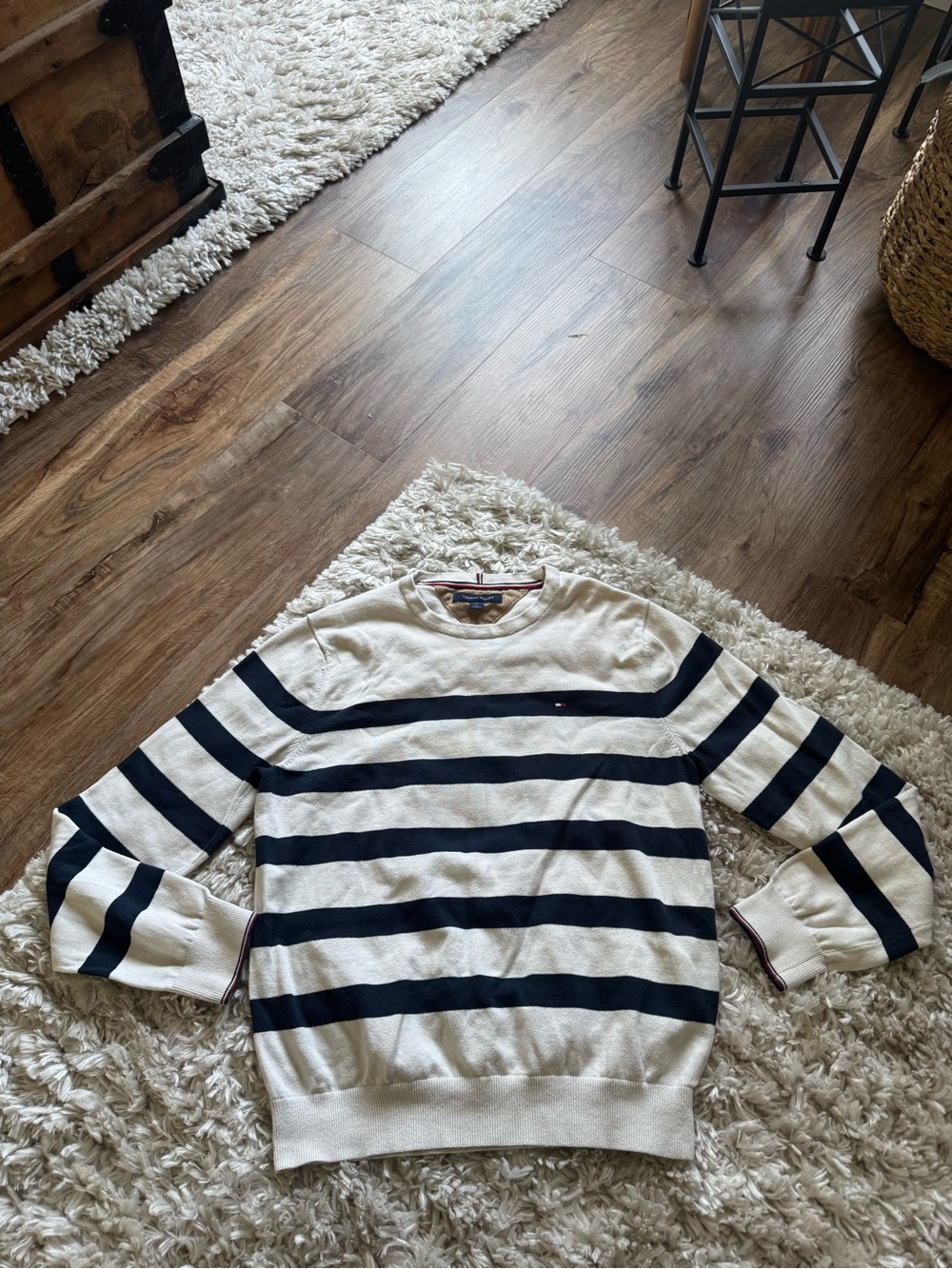 Tommy Hilfiger Cream and Navy Striped Crewneck Sweater